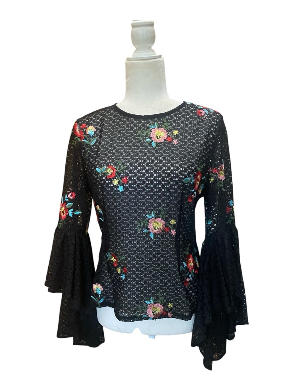 Gracia Womens Black Embroidered Mesh Shear Black Blouse Bell Sleeve